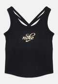 Schwarzes ärmelloses Sportoberteil mit gekreuzten Trägern und goldfarbigem, geschwungenem "Nike"-Logo, das zentral auf der Brust platziert ist.