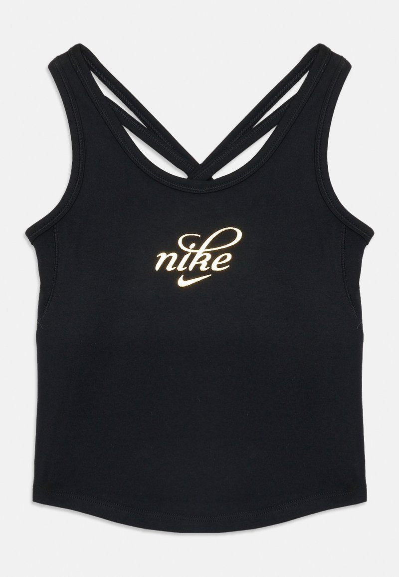 Schwarzes ärmelloses Sportoberteil mit gekreuzten Trägern und goldfarbigem, geschwungenem "Nike"-Logo, das zentral auf der Brust platziert ist.