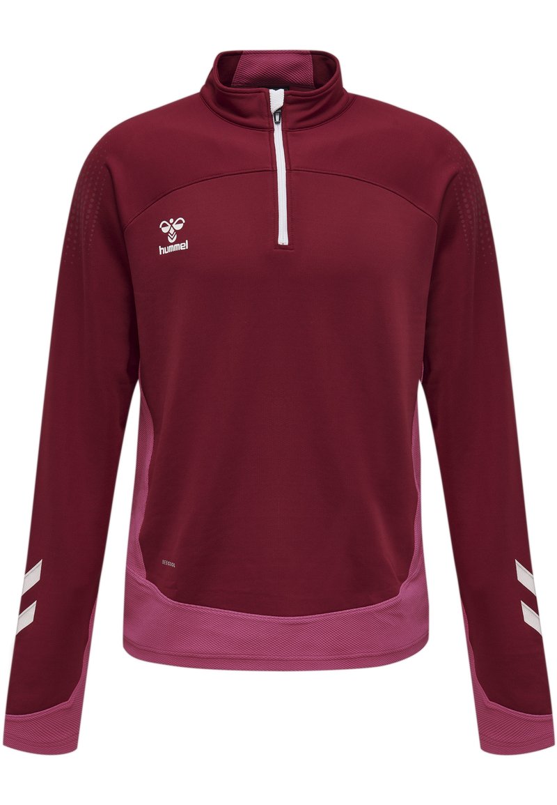Bordeauxrotes Langarm-Top mit Viertelreißverschluss und rosa Akzenten, ausgestattet mit Logo auf der Brust, strukturiertem Stoff und weißen Streifen-Details an den Ärmeln.