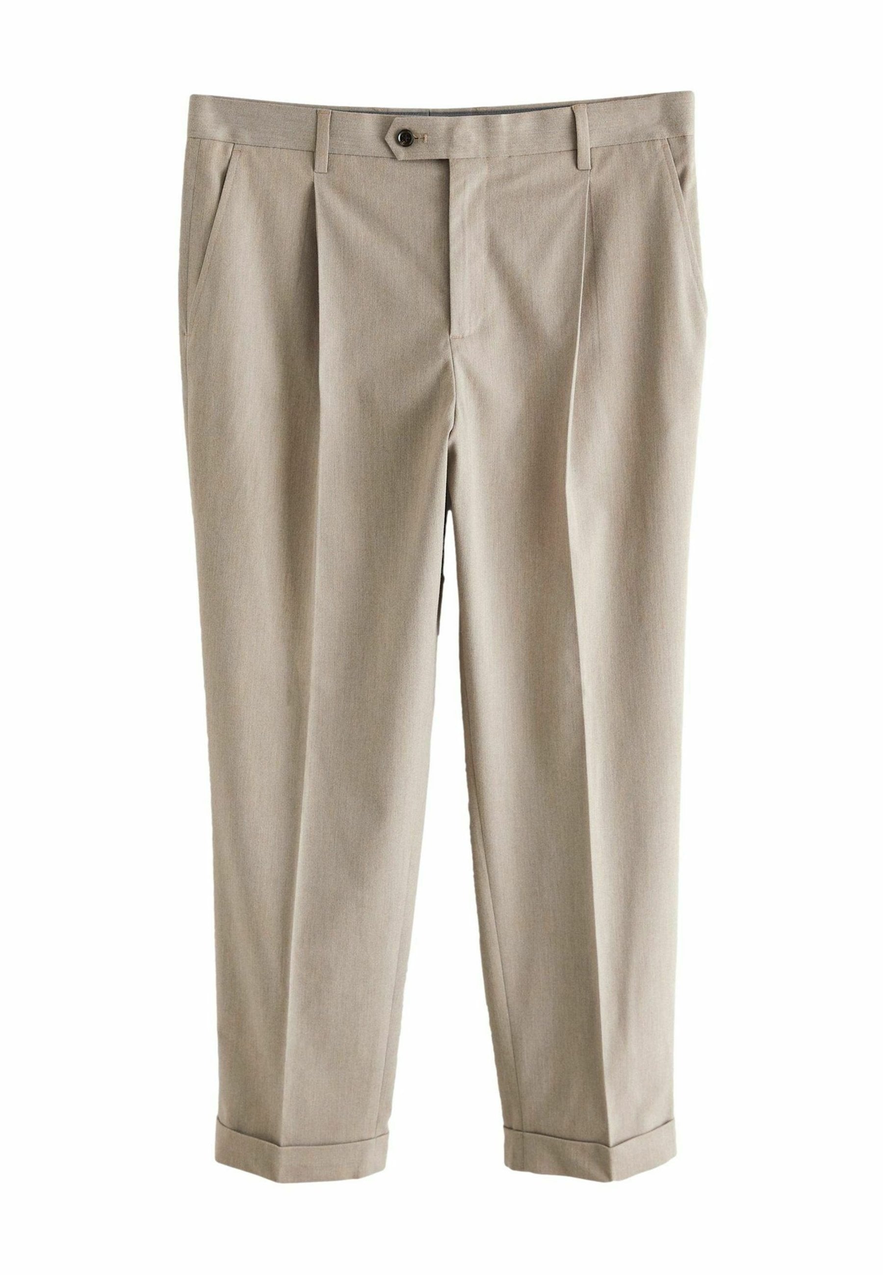 Helle beige Hose mit Falten, ausgestattet mit einem Knopfverschluss, seitlichen Taschen, geraden Beinen und umgeschlagenen Säumen. Glatte Textur und weicher Stoff.