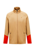 Beige Reißverschlussjacke mit orangefarbenen Akzenten an den Ärmeln, aus glattem Stoff; verfügt über zwei seitliche Taschen und einen hohen Kragen.