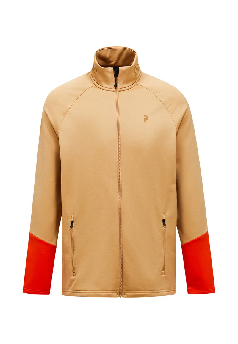 Beige Reißverschlussjacke mit orangefarbenen Akzenten an den Ärmeln, aus glattem Stoff; verfügt über zwei seitliche Taschen und einen hohen Kragen.