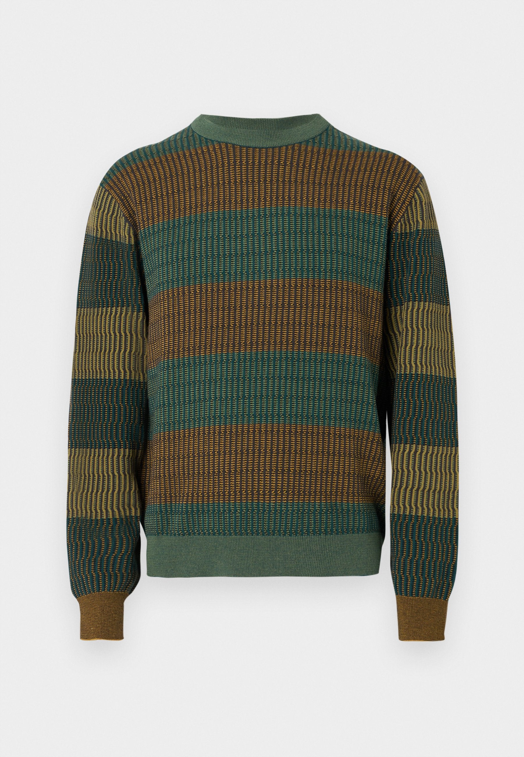 Gestrickter Pullover mit horizontalen Streifen in Grün, Braun und Gold. Rippstrickstruktur mit Rundhalsausschnitt und kontrastierenden Bündchen.