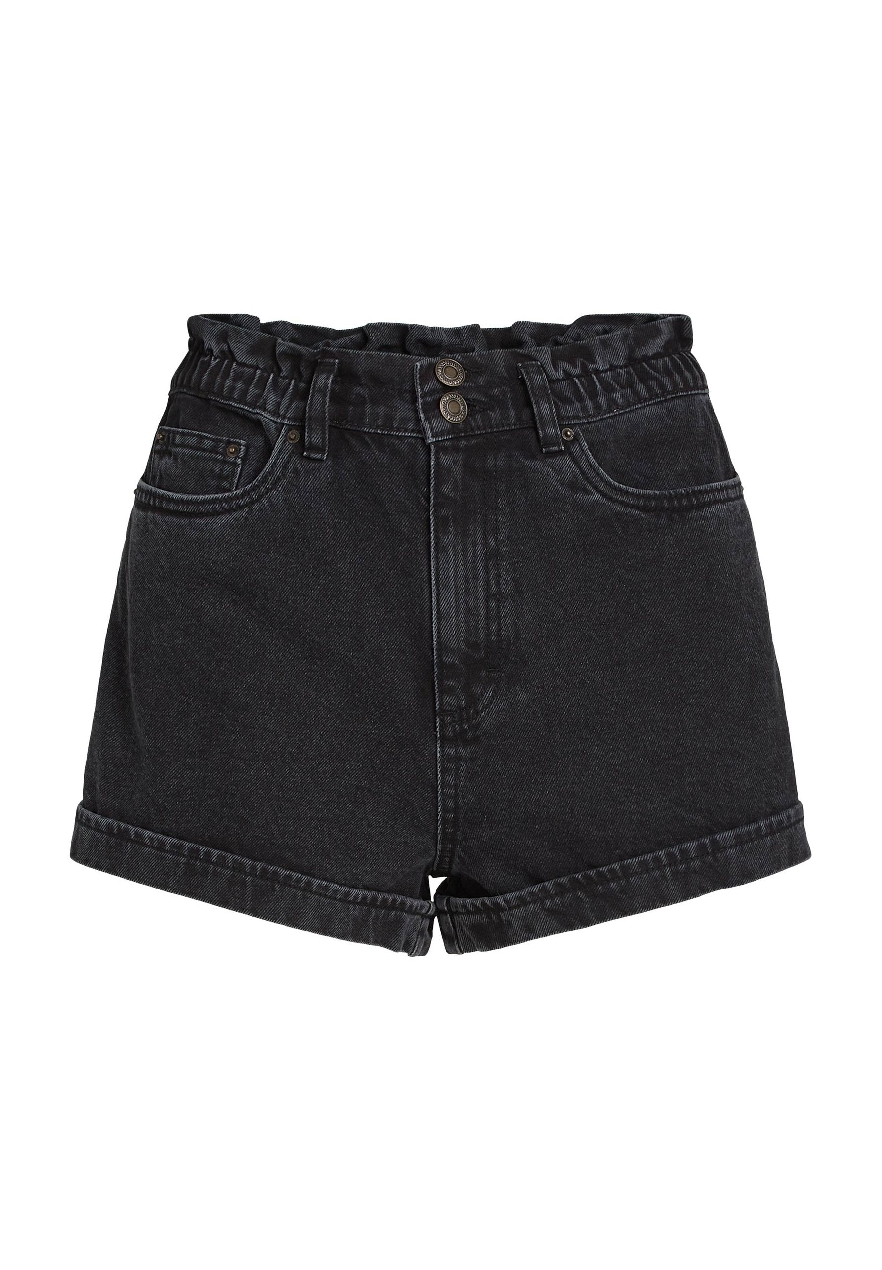 Schwarze Denim-Shorts mit hoher Taille, ausgestattet mit einem strukturierten, elastischen Bund, zwei Vordertaschen und umgeschlagenen Säumen. Zwei metallische Knöpfe im Frontbereich.