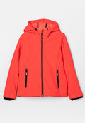 Helle rote Jacke mit Kapuze, schwarzem Reißverschluss und Taschen, aus einem glatten, wetterfesten Material. Mit einem gestickten Logo auf der Schulter.