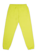 Neon-gelbe Jogginghose mit elastischem Bund, zwei Seitentaschen und schmal zulaufenden Bündchen. Glatte Textur, minimales Branding.
