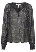 Marineblaue Bluse mit metallic-goldenen Punktmuster, gerafftem V-Ausschnitt, langen Ärmeln und elastischen Bündchen für eine lockere Passform. Durchsichtiger Stoff.