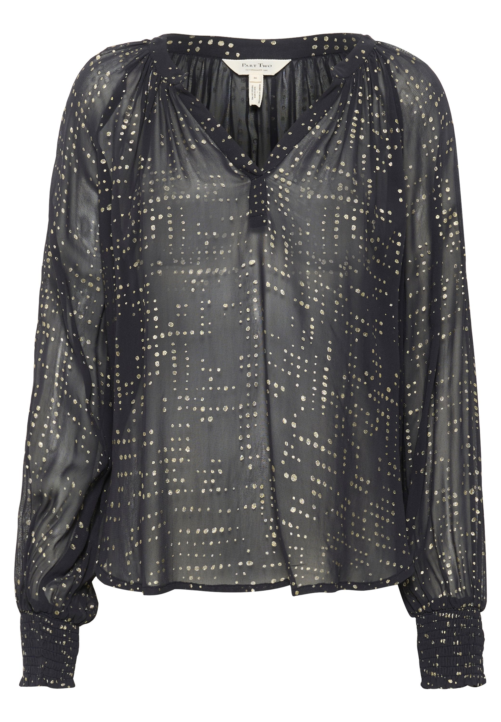 Marineblaue Bluse mit metallic-goldenen Punktmuster, gerafftem V-Ausschnitt, langen Ärmeln und elastischen Bündchen für eine lockere Passform. Durchsichtiger Stoff.
