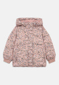Blumenmuster-Daunenjacke in Hellrosa mit Kapuze, elastischen Bündchen und seitlichen Taschen. Leicht und gesteppt im Design.