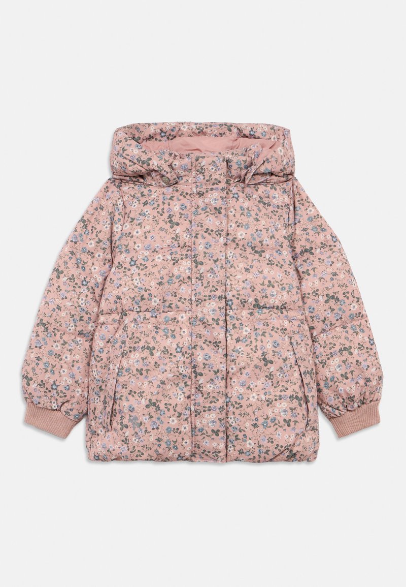 Blumenmuster-Daunenjacke in Hellrosa mit Kapuze, elastischen Bündchen und seitlichen Taschen. Leicht und gesteppt im Design.