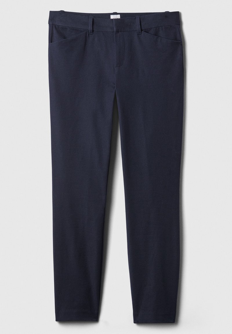 Marineblaue Hose aus weichem Stoff mit glatter Textur, geraden Beinen, zwei Fronttaschen und Gürtelschlaufen.