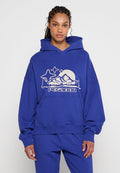 Blaues übergroßes Hoodie aus weichem Material, mit einer Kängurutasche und einem Bergmotiv mit Sonne und Sternen. Gerippte Bündchen und Saum.