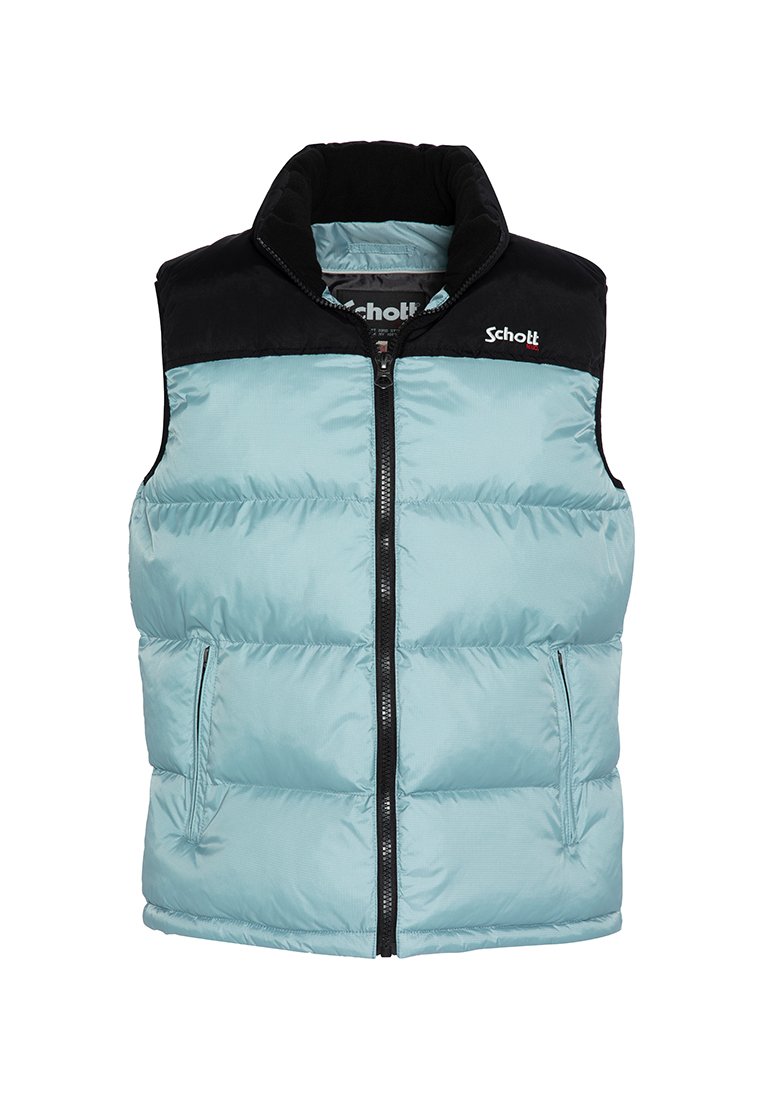 Hellblaues Puffer-Westen mit schwarzen Schulter- und Kragenakzenten. Frontreißverschluss und zwei seitliche Taschen. Weiche, gesteppte Textur und Stehkragen.