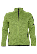 Grüne Fleecejacke mit hohem Kragen, durchgehendem Reißverschluss, strukturiertem Stoff und schwarzen Akzenten an Taschen und Reißverschlüssen.