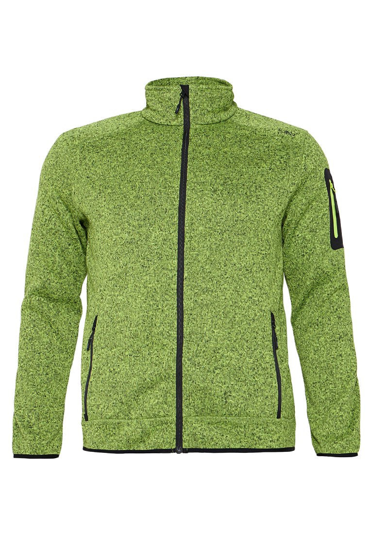 Grüne Fleecejacke mit hohem Kragen, durchgehendem Reißverschluss, strukturiertem Stoff und schwarzen Akzenten an Taschen und Reißverschlüssen.