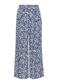 Blaue und weiße weite Hosen mit einem floralen Muster, elastischem Bund, leichtem Stoff und einem entspannten Schnitt für Komfort.