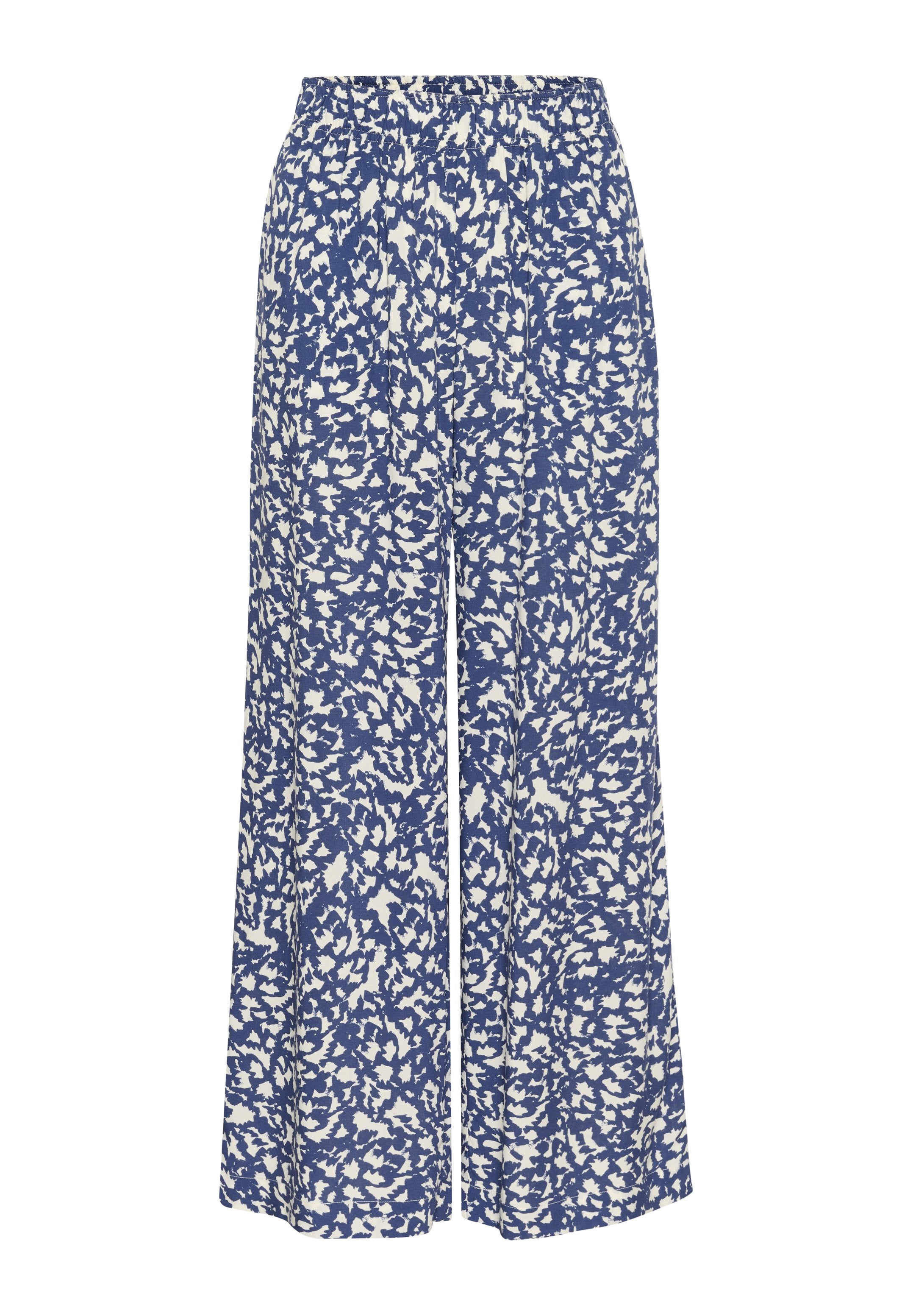 Blaue und weiße weite Hosen mit einem floralen Muster, elastischem Bund, leichtem Stoff und einem entspannten Schnitt für Komfort.