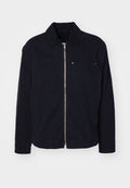 Dunkelmarineblaue Jacke aus strapazierfähigem Stoff, mit Reißverschluss auf der Vorderseite, Cordkragen und seitlichen Taschen sowie einer einzigen Brusttasche.