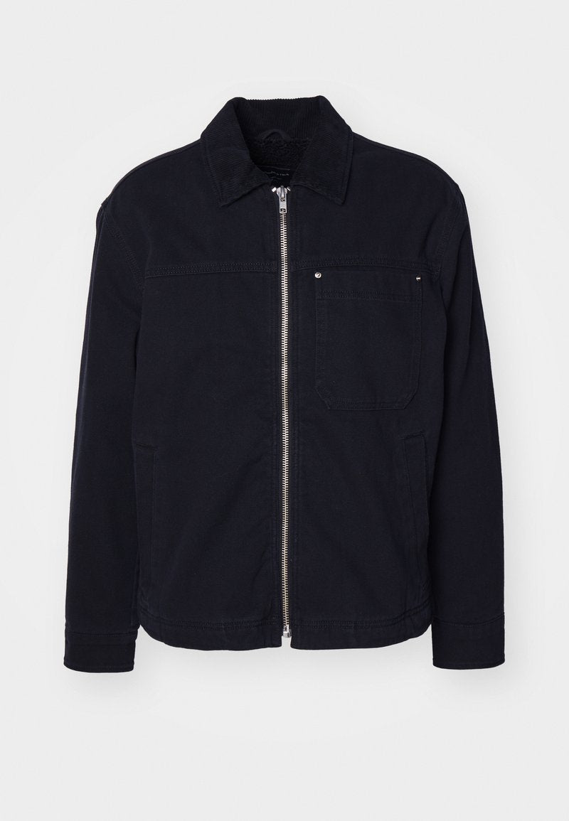 Dunkelmarineblaue Jacke aus strapazierfähigem Stoff, mit Reißverschluss auf der Vorderseite, Cordkragen und seitlichen Taschen sowie einer einzigen Brusttasche.