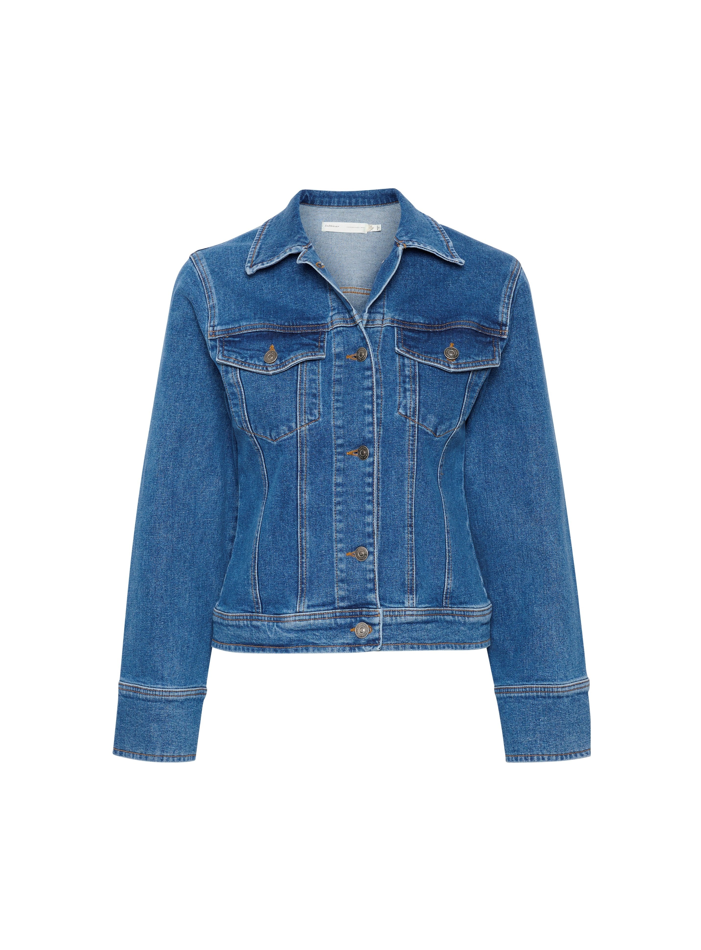 Blaue Jeansjacke mit klassischem Kragen, langen Ärmeln, zwei Brusttaschen und Knopfverschluss. Das Design beinhaltet kontrastierende Nähte.