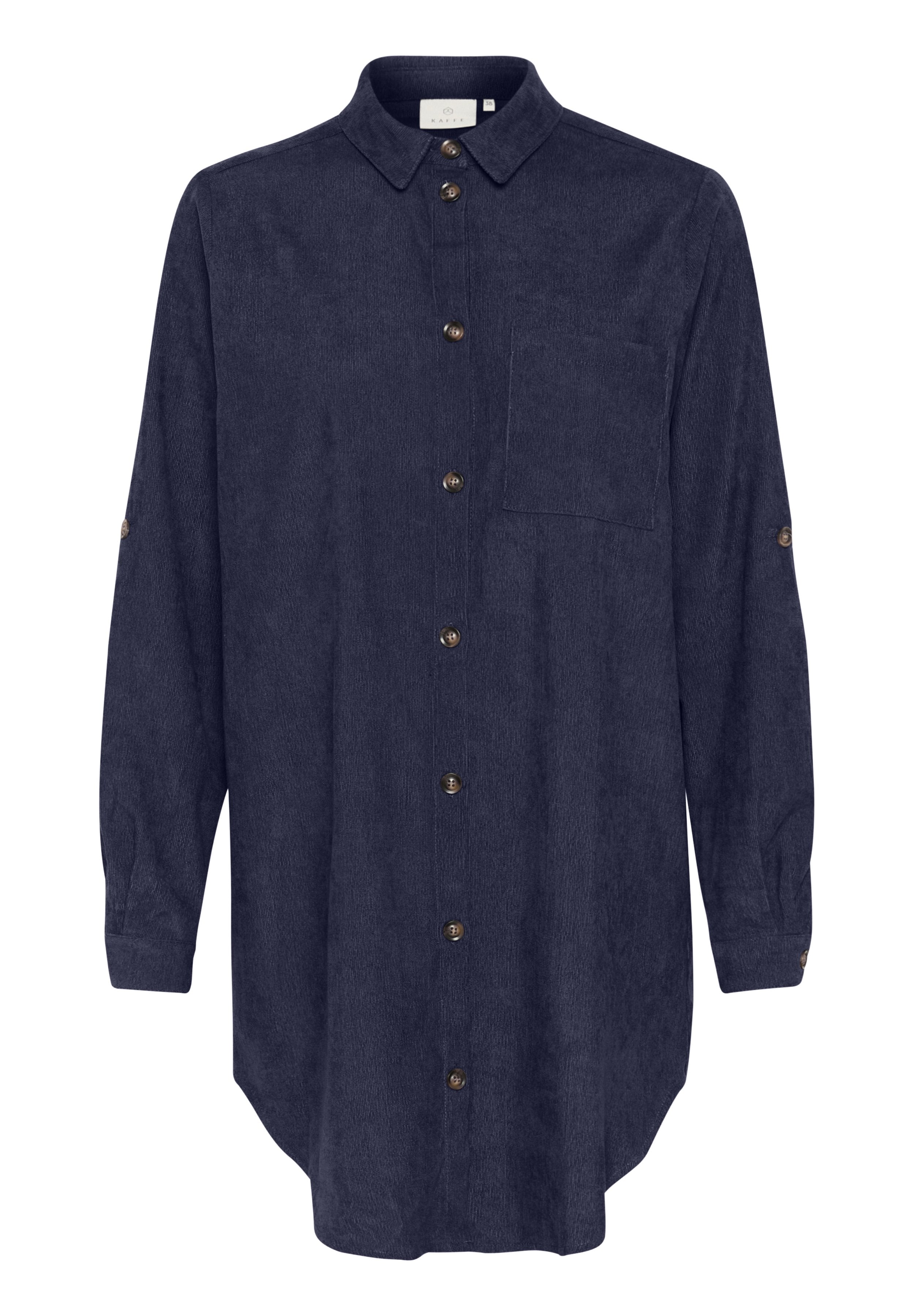 Dunkelblaue Hemdbluse aus strukturiertem Stoff, mit langen Ärmeln und Knopfverschluss, einer Brusttasche und einem abgerundeten Saum.
