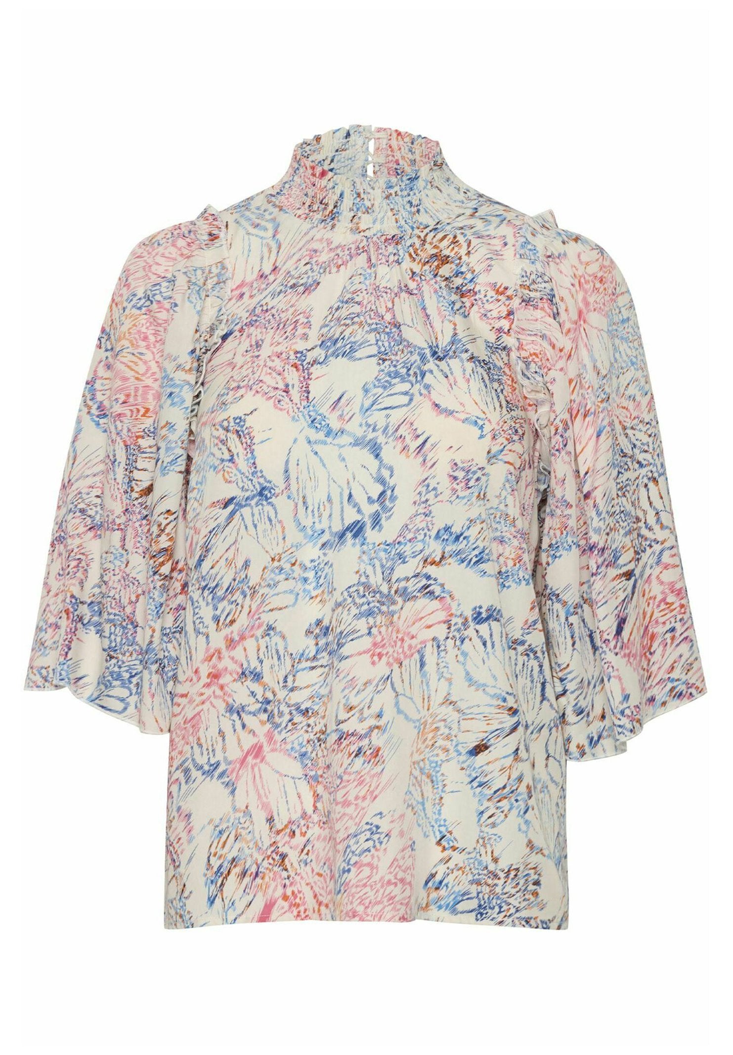 Blumenbluse mit hohem Kragen und kurzen, ausgestellten Ärmeln. Leichter Stoff mit rosa, blauen und orangefarbenen Blumenmustern auf weißem Hintergrund.