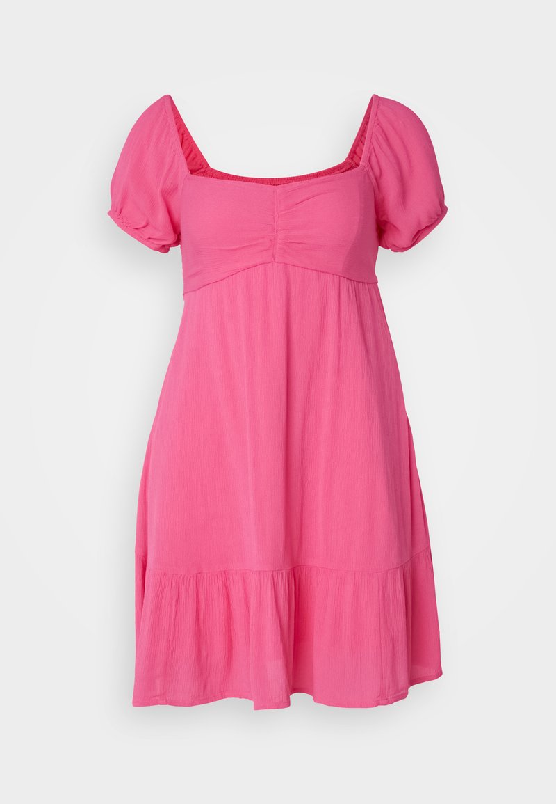Rosa Kurzarmkleid mit quadratischem Ausschnitt, gerafftem Oberteil und einem ausgestellten Saum mit Rüsche. Leichter Stoff.