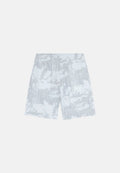 Shorts aus weißem Stoff mit einem grauen abstrakten Muster. Mit einem elastischen Bund. Mittlere Schrittlänge mit lockerer Passform.