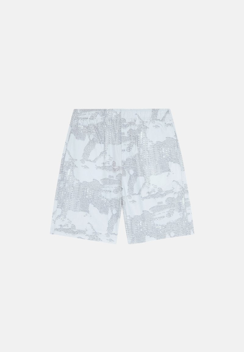 Shorts aus weißem Stoff mit einem grauen abstrakten Muster. Mit einem elastischen Bund. Mittlere Schrittlänge mit lockerer Passform.