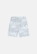 Shorts aus weißem Stoff mit einem grauen abstrakten Muster. Mit einem elastischen Bund. Mittlere Schrittlänge mit lockerer Passform.