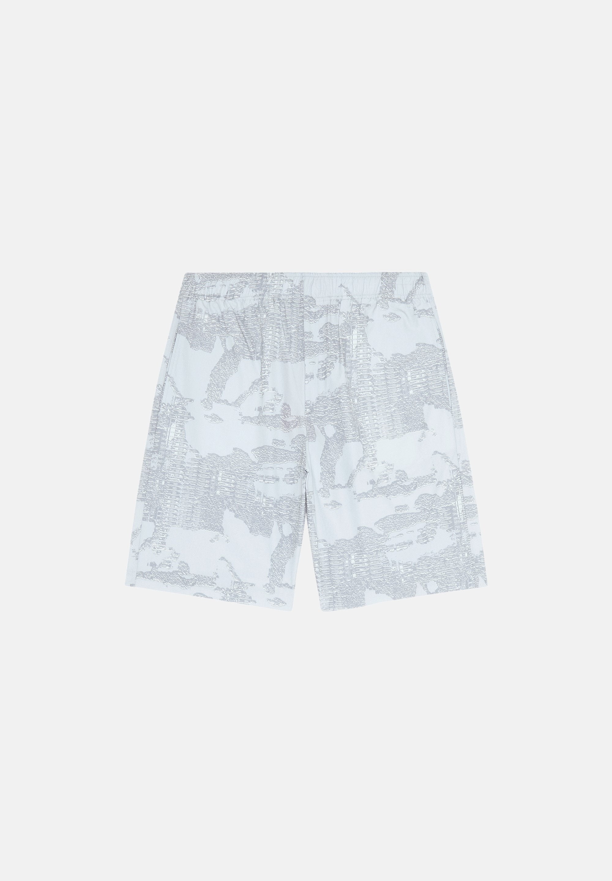Shorts aus weißem Stoff mit einem grauen abstrakten Muster. Mit einem elastischen Bund. Mittlere Schrittlänge mit lockerer Passform.