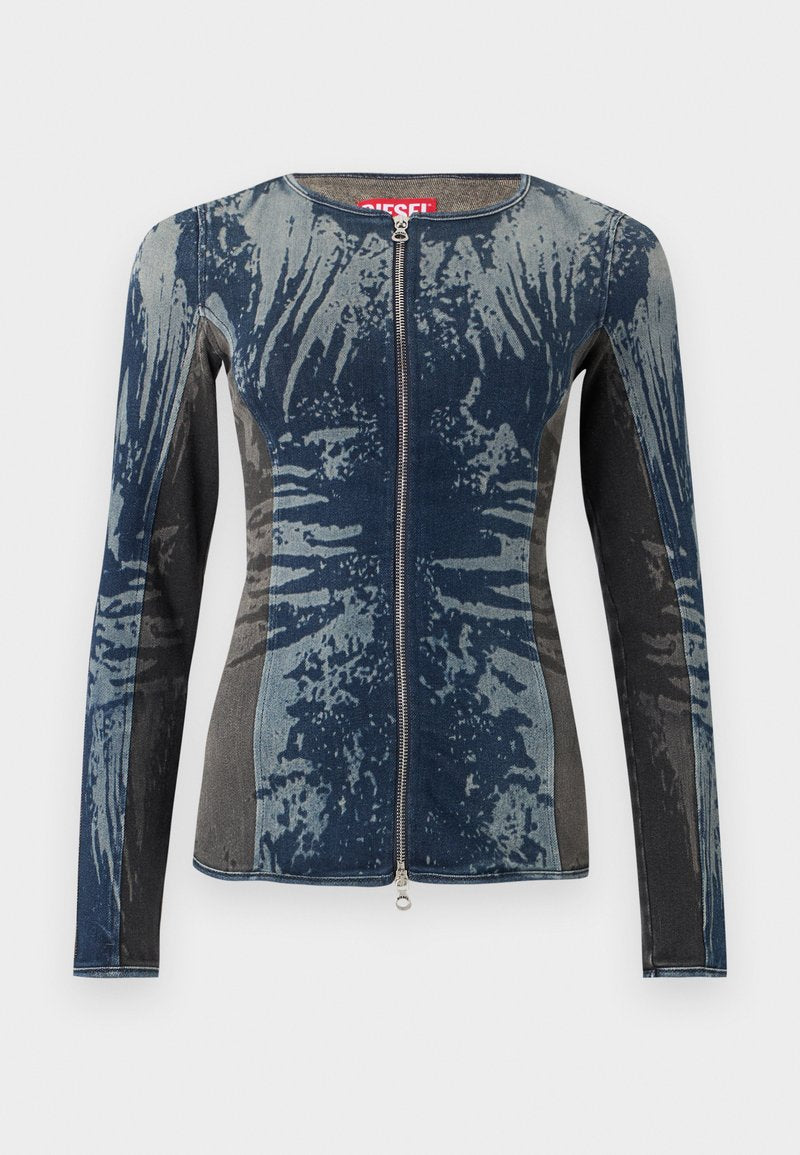 Jeansjacke in einer Mischung aus Blau und Grau mit einem Reißverschluss vorne, langen Ärmeln und einem einzigartigen abstrakten Muster. Strukturiertem Stoff.