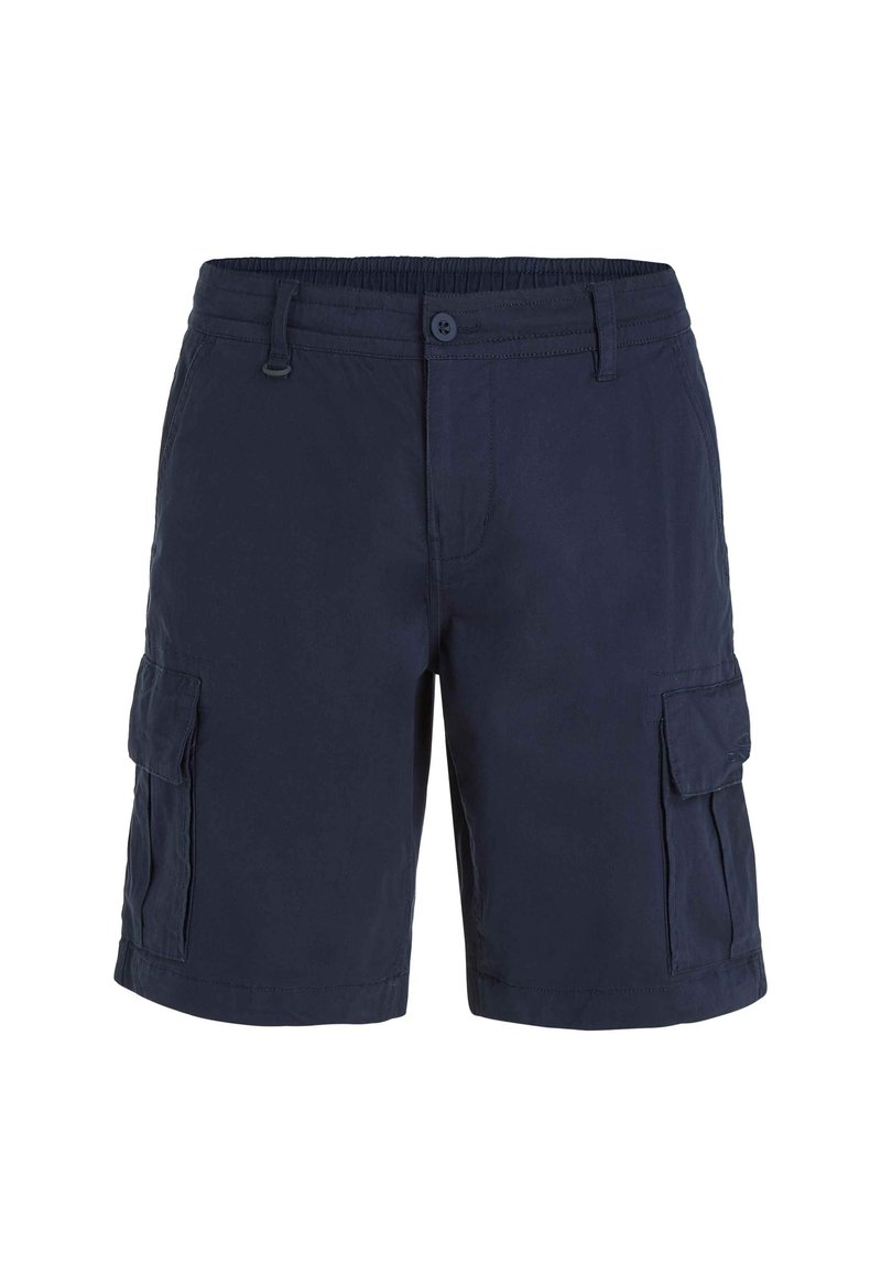 Navyblaue Cargo-Shorts aus strapazierfähigem Material, mit elastischem Bund, Knopfverschluss und zwei Seitentaschen.