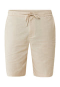 Beige Leinen-Shorts mit elastischem Bund und Kordelzug. Sie verfügen über ein einfaches Design und eine glatte Textur, die sich gut für die Freizeit eignet.