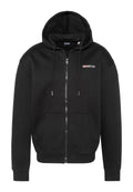 Schwarze Zip-Up-Hoodie aus einer Baumwollmischung. Verfügt über eine frontale Tasche, Kordelzüge an der Kapuze und ein kleines Logo auf der Brust.