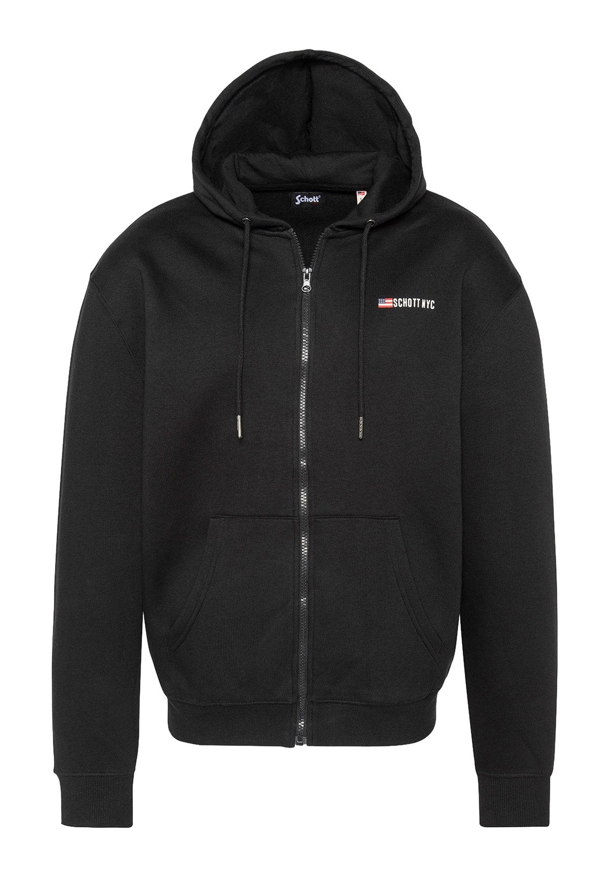 Schwarze Zip-Up-Hoodie aus einer Baumwollmischung. Verfügt über eine frontale Tasche, Kordelzüge an der Kapuze und ein kleines Logo auf der Brust.