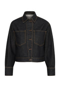 Dunkelblaue, cropped Jeansjacke mit Knopfleiste, zwei Brusttaschen und kontrastierenden Nähten. Lange Ärmel mit geknöpften Manschetten.