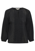 Schwarze Bluse mit Rundhalsausschnitt, aus strukturiertem Stoff, mit Details an der Vorderseite und langen Puffärmeln. Bestickte florale Akzente veredeln das Design.