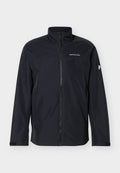 Schwarze leichte Jacke mit durchgehendem Frontreißverschluss, Stehkragen und weißem "Peak Performance"-Logo auf Brust und Arm.