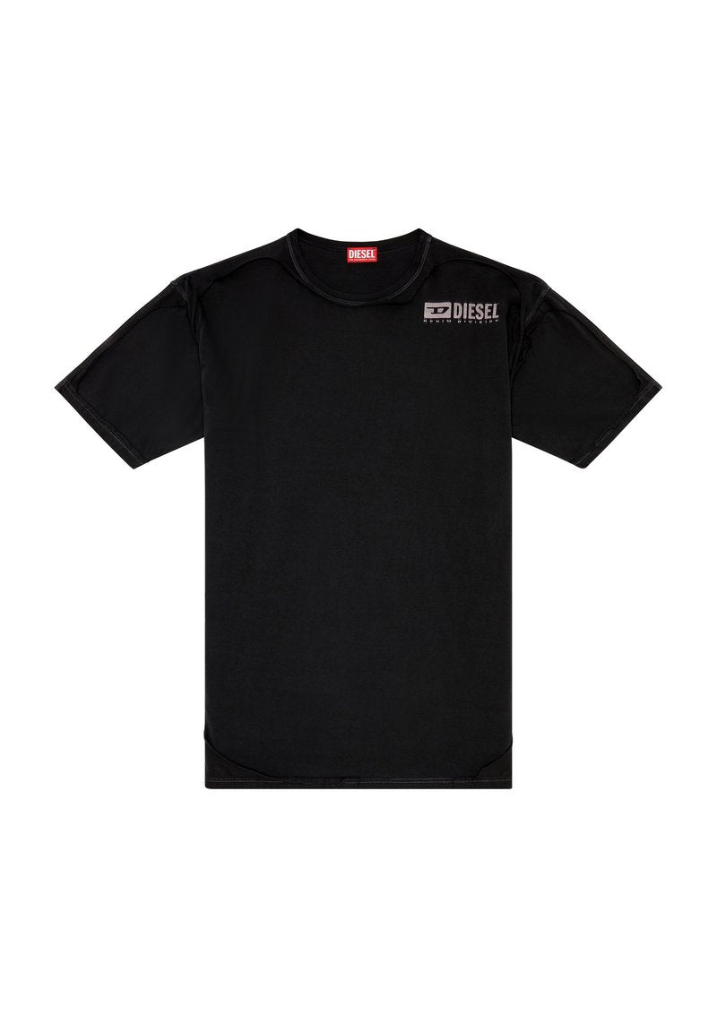 Schwarzes T-Shirt von Diesel mit kurzen Ärmeln und Rundhalsausschnitt, mit kleinem Logo auf der oberen linken Brust.