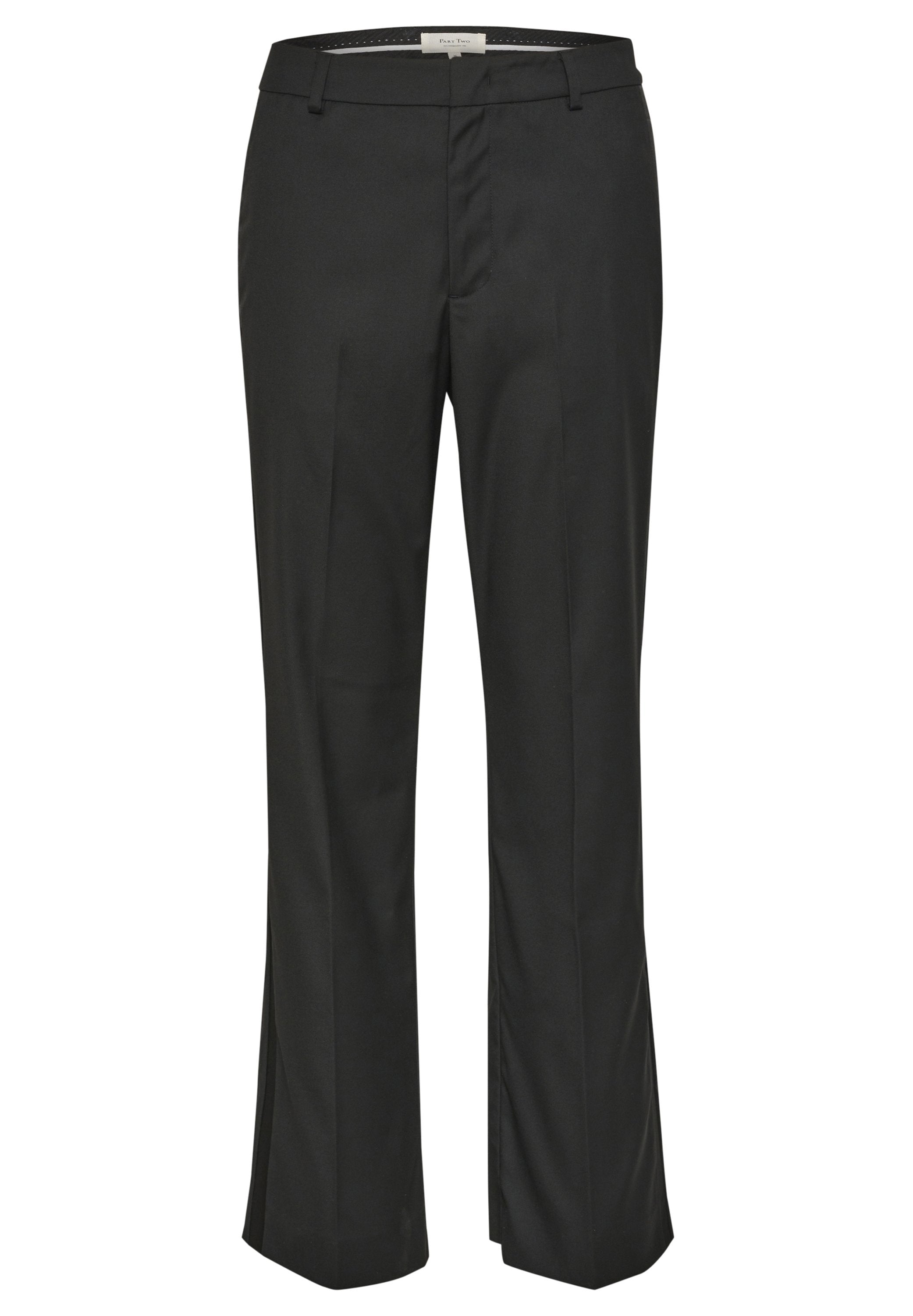 Schwarze maßgeschneiderte Hose mit geradem Bein, aus glattem Stoff. Mit flachem Vorderteil, Gürtelschlaufen und subtilen Falten auf den Beinen.