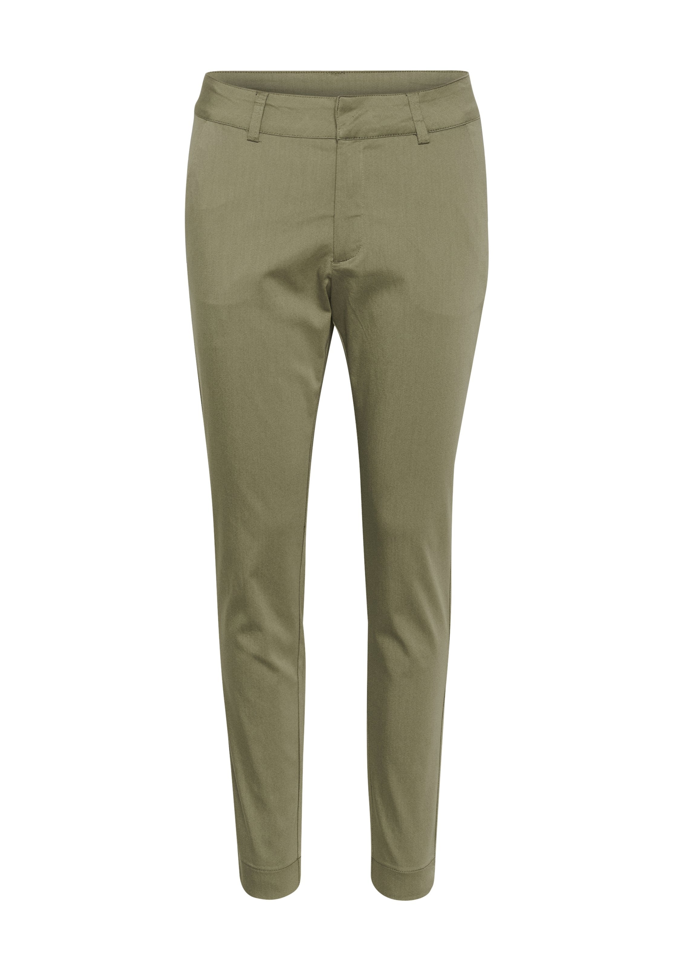 Grüne, schmal geschnittene Hosen mit einer glatten Textur, flachem Bund, akzentuierten Taschen und schmal zulaufenden Beinen, entworfen für einen modernen Look.