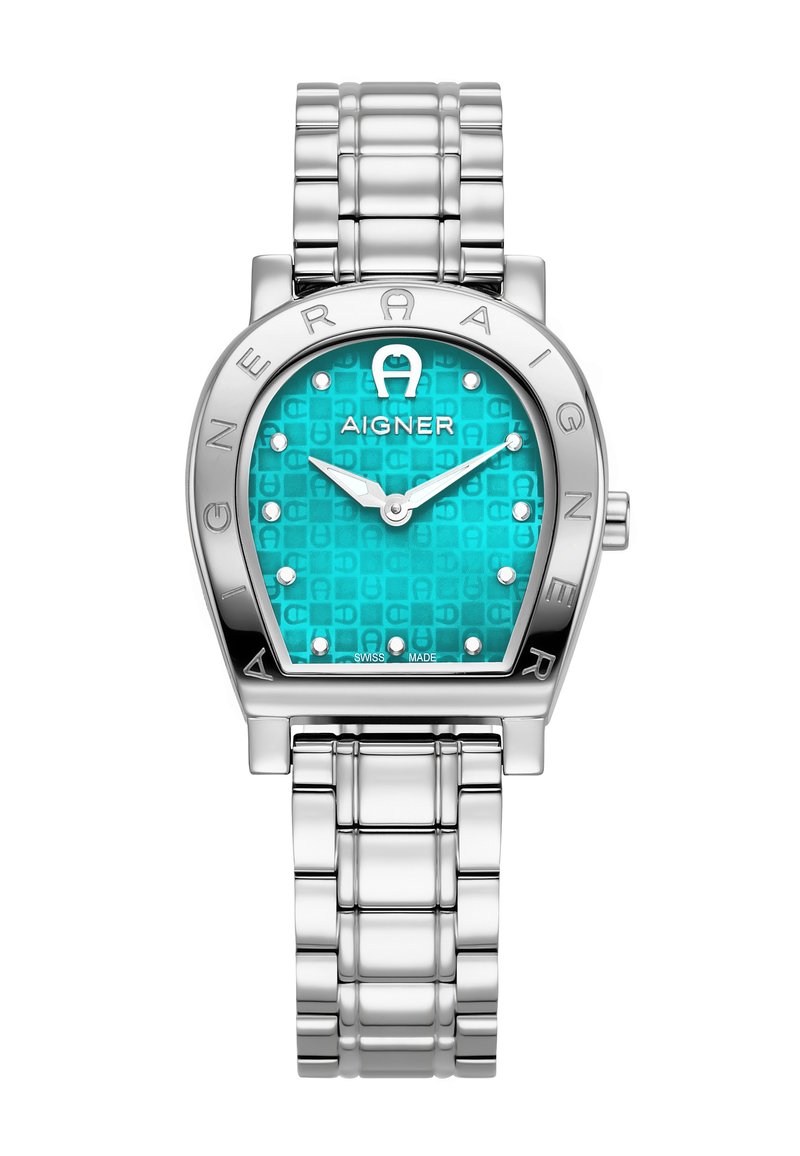Silberne Metallarmbanduhr mit einem kantigen Gehäuse, türkisfarbenem strukturiertem Zifferblatt und Punktmarkierungen. Das Logo "AIGNER" ist prominent auf der Lünette angebracht.