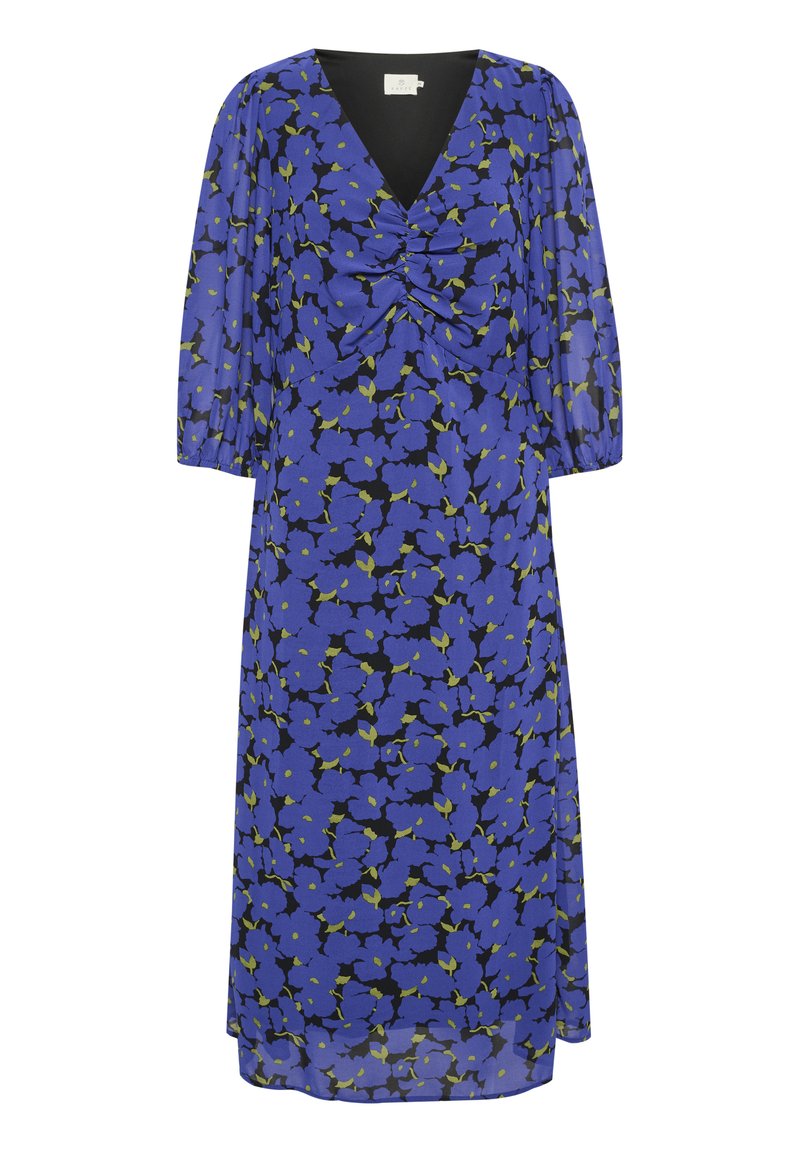 Blumenmusterkleid in lebhaftem Blau mit grünen Akzenten; V-Ausschnitt, geraffte Details an der Brust und weite 3/4-Ärmel, aus leichtem Stoff gefertigt.