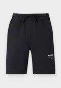 Schwarze Baumwollshorts mit elastischem Bund, Kordelzug und weißer Logo-Detailierung. Glatte Textur und knielanges Design.