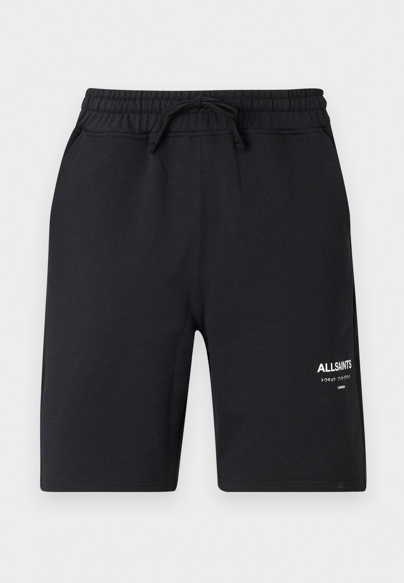 Schwarze Baumwollshorts mit elastischem Bund, Kordelzug und weißer Logo-Detailierung. Glatte Textur und knielanges Design.