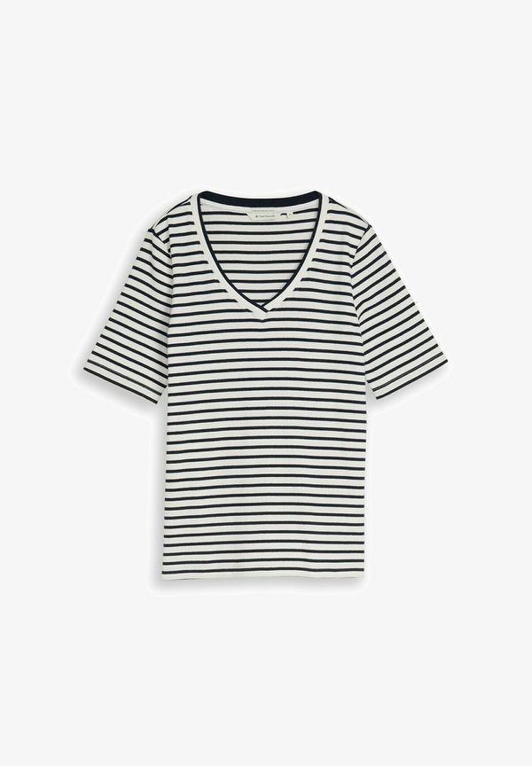 TOM TAILOR MIT V-AUSSCHNITT - Print T-shirt - offwhite/navy blue stripe
