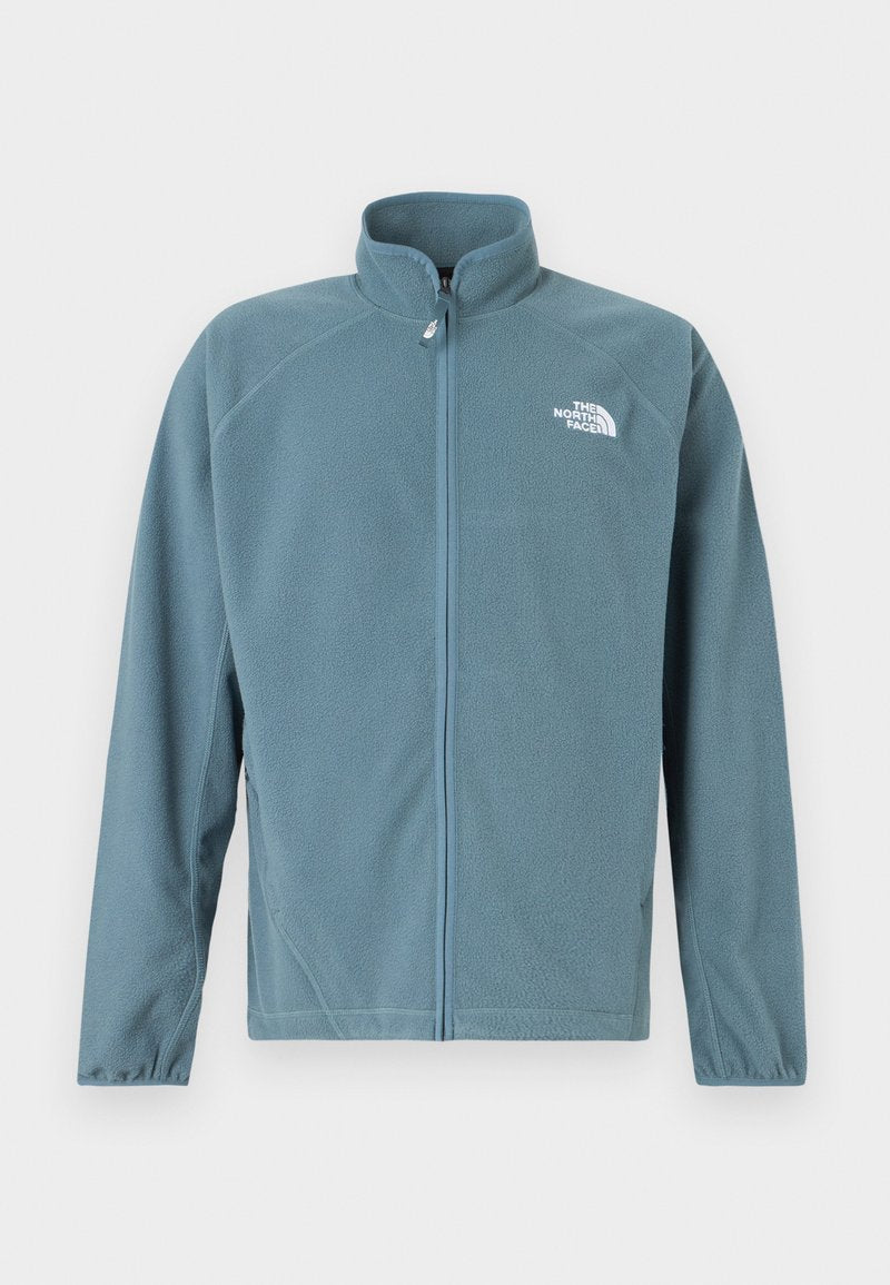 Fleecejacke in gedämpftem Türkis mit durchgehendem Reißverschluss, hohem Kragen und weißem Logo auf der linken Brust. Verfügt über lange Ärmel und eine weiche Textur.