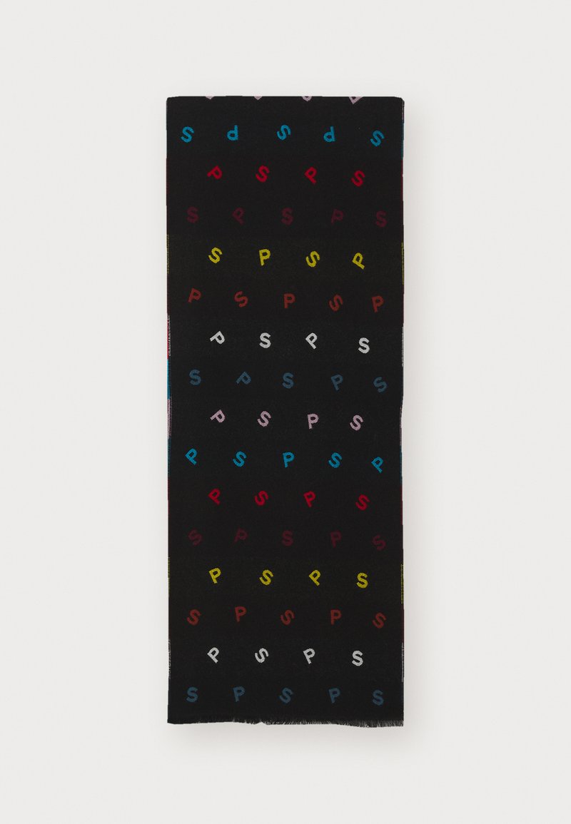 Schwarzer Schal mit wiederholten, mehrfarbigen "P"-Mustern in Rot, Gelb, Blau, Pink und Weiß. Weicher Stoff mit fransigen Kanten.