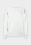 Hellgrauer Pullover mit weitem Halsausschnitt, langen Ärmeln und gerippten Bündchen. Hergestellt aus einem weichen, strukturierten Baumwollmischgewebe.